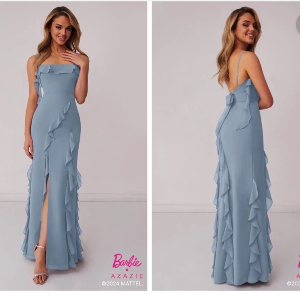 Azazie Strapless Light Blue Ruffle Dress